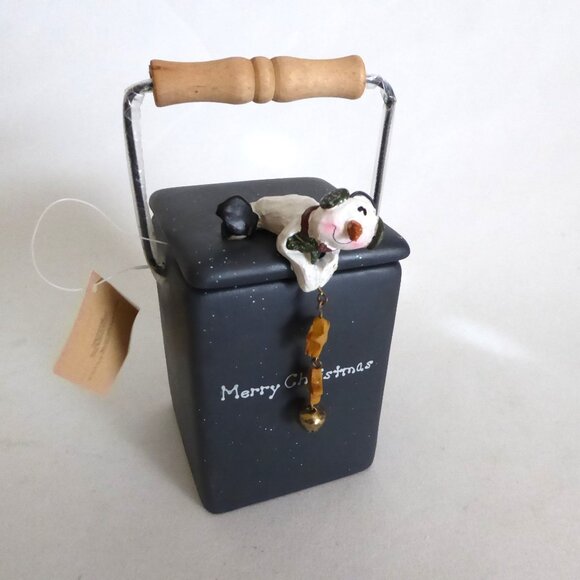 Crazy Mountain Other - NEW CERAMIC LIDDED MERRY CHRISTMAS SNOWMAN CANDLE HOLDER WITH WOOD HANDLE